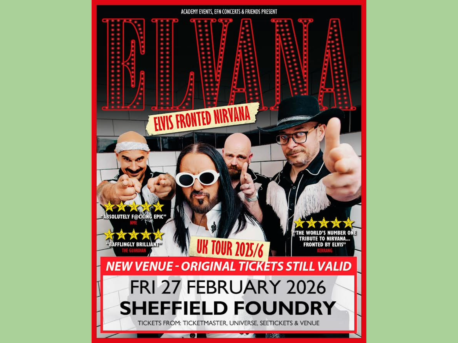 Poster for the Elvana gig at the Foundry, with a picture of the band.