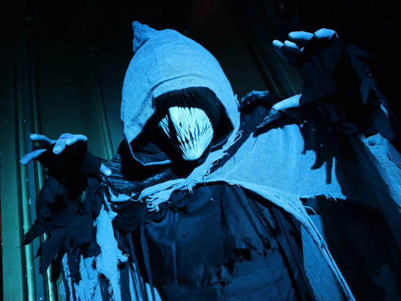 A spooky figure in a cloak and mask.