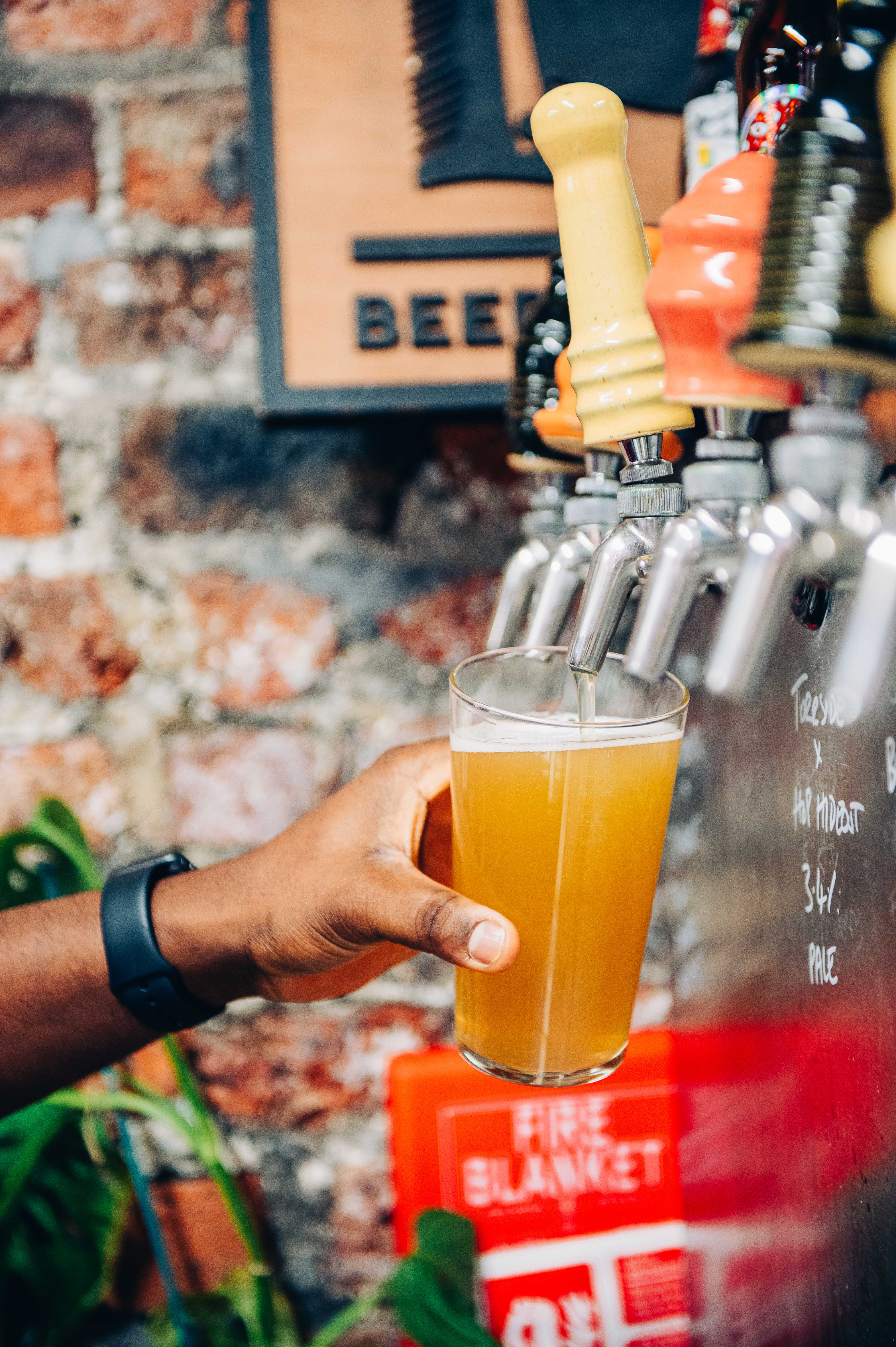 A bartender's hand pulling a pint at Hop Hideout.