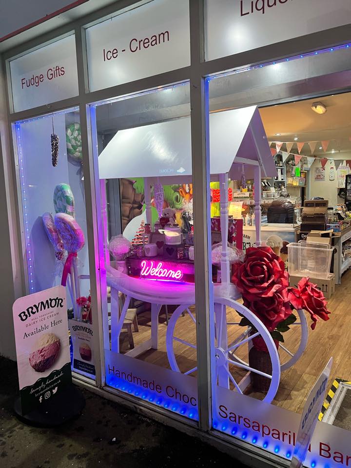 The shop window at Candy Kabin, with a lavish display of sweets and treats.