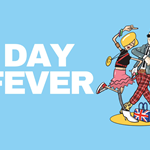 The words: 'Day Fever' on a pale blue background next to a Pete McKee illustration of two people dancing.