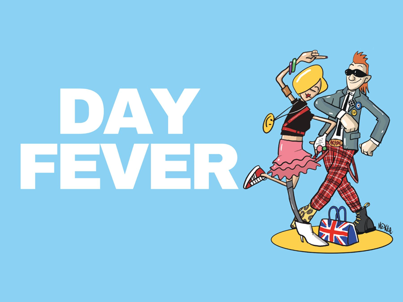 The words: 'Day Fever' on a pale blue background next to a Pete McKee illustration of two people dancing.