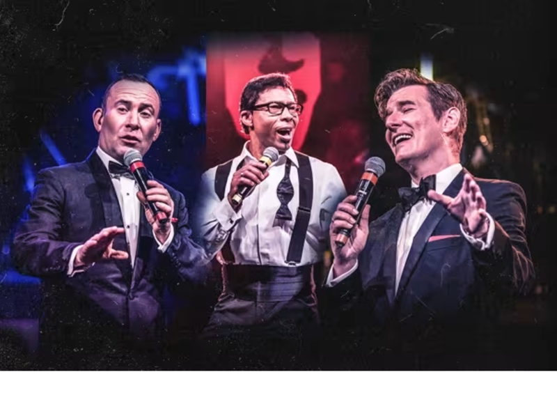 Promotional poster for the show featuring the three performers, all singing into microphones.