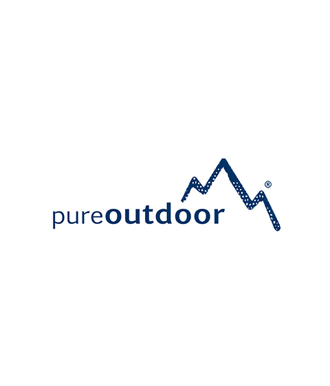 ogo for Pure Outdoor featuring the words 'pure outdoor' in lowercase dark blue letters, with 'outdoor' in bold. To the right is a stylized mountain outline in dark blue with dotted texture.