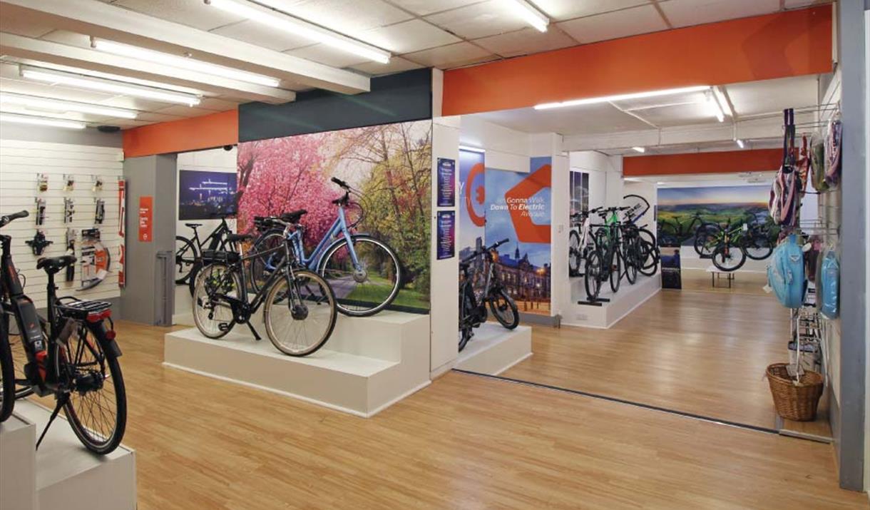 Inside the showroom at JE James Cycles Sheffield.