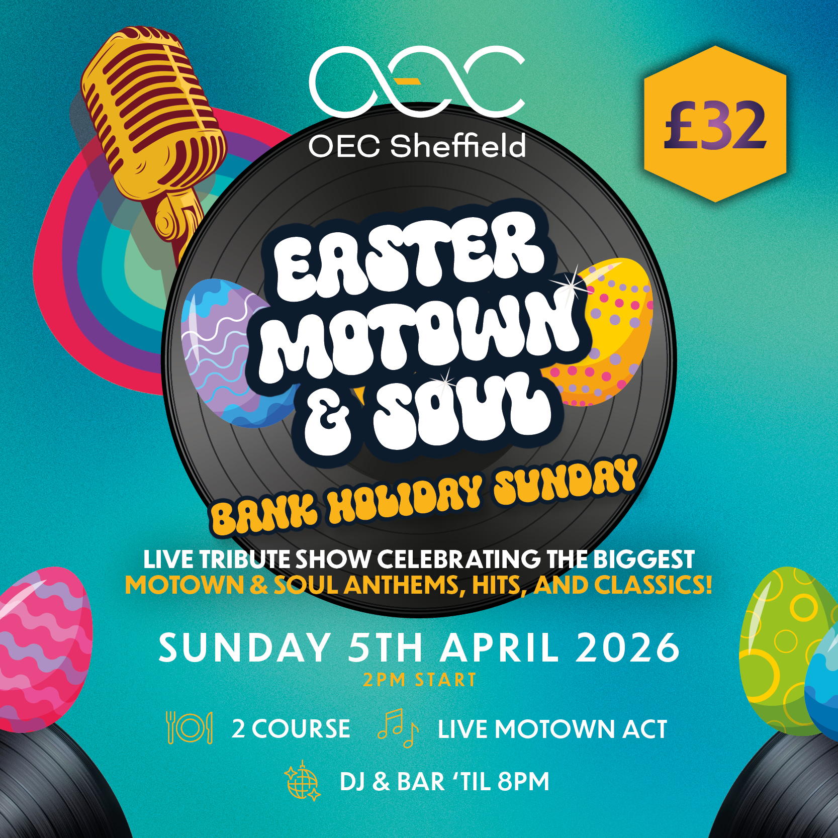 Poster for the events listing all the details over a background illustration of records, Easter eggs and a microphone.