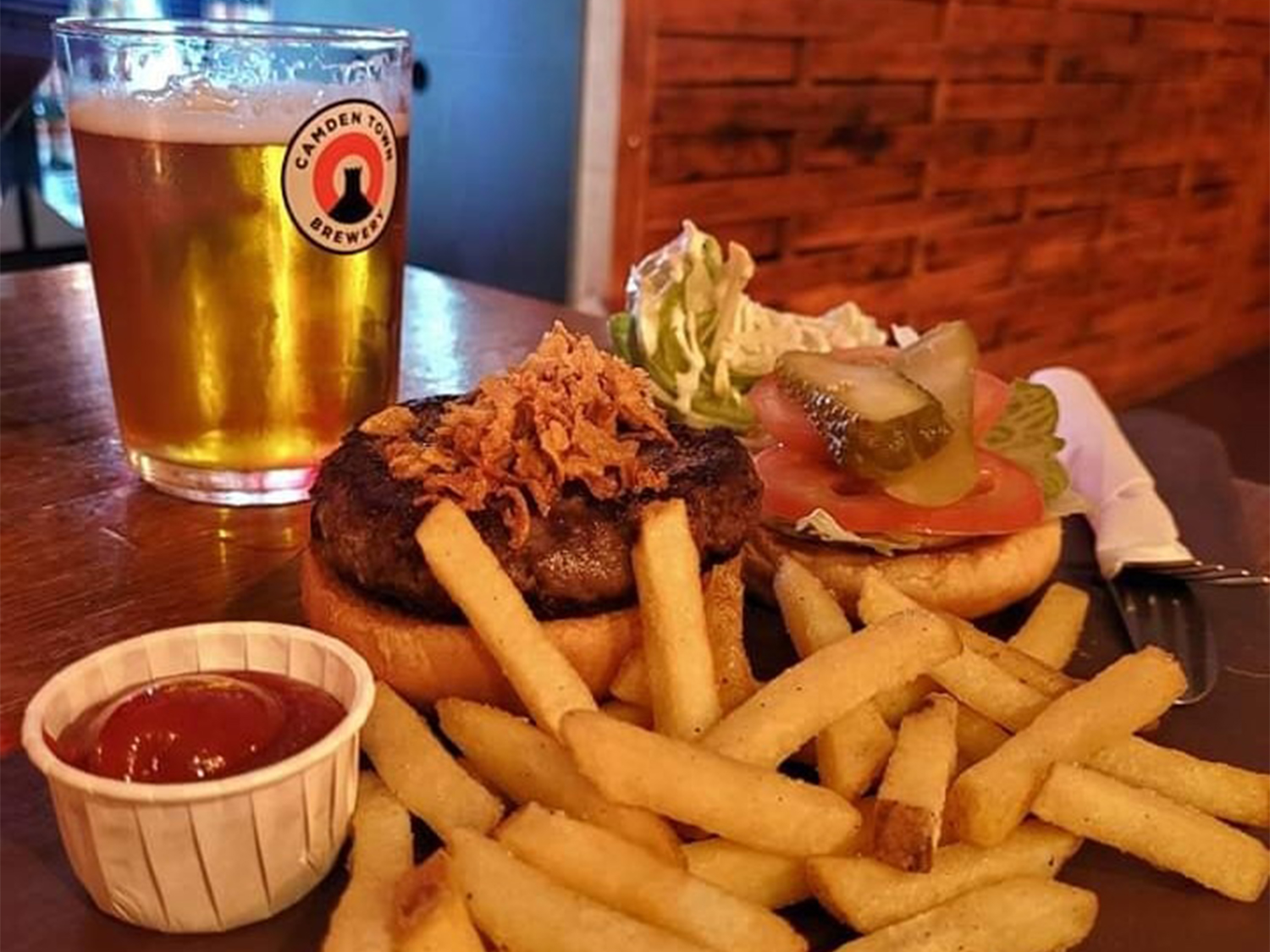 Burger and chips plus a beer at the Perch Brewhouse