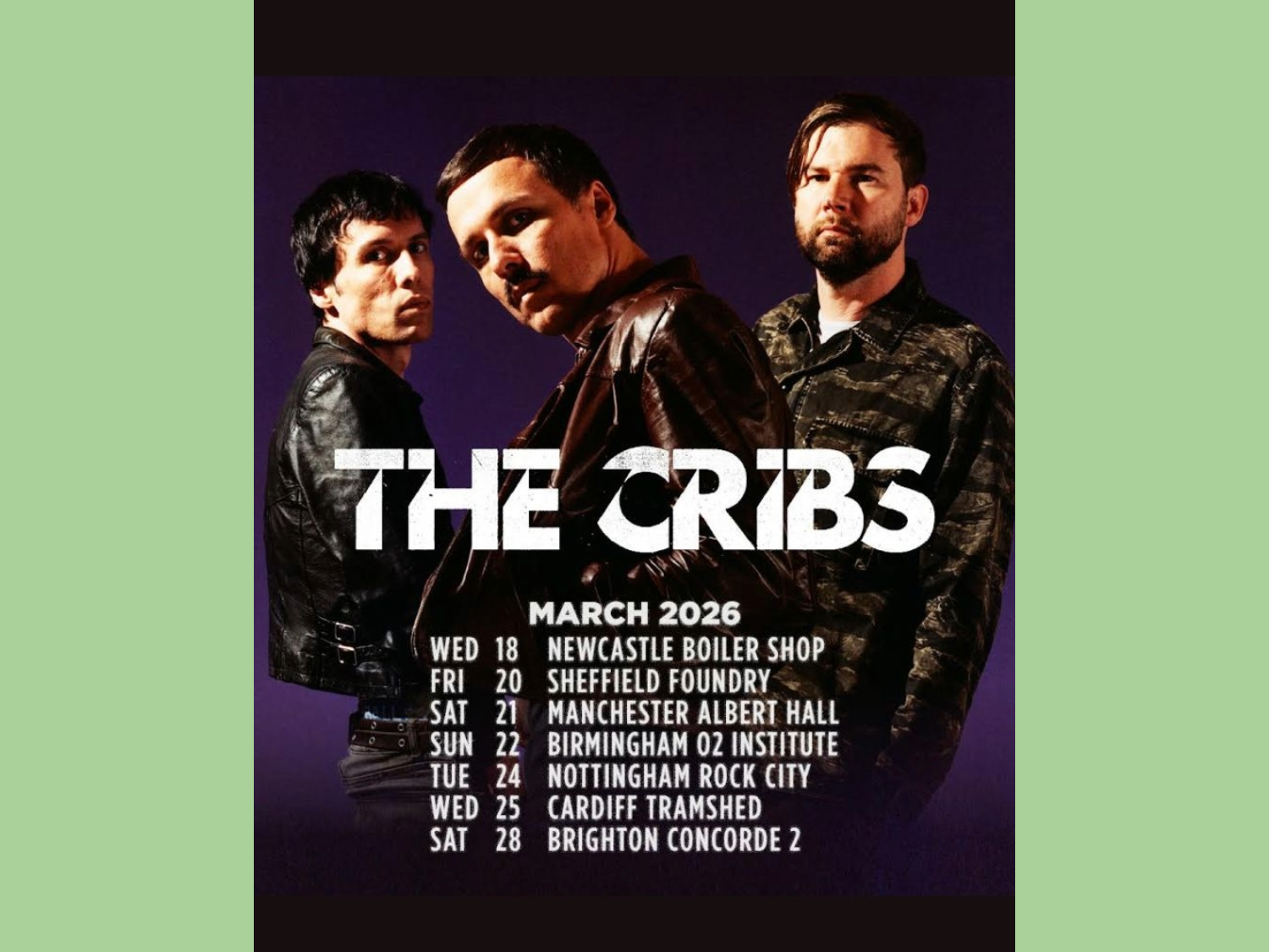 Poster for The Cribs gig at the Foundry with a picture of the band.