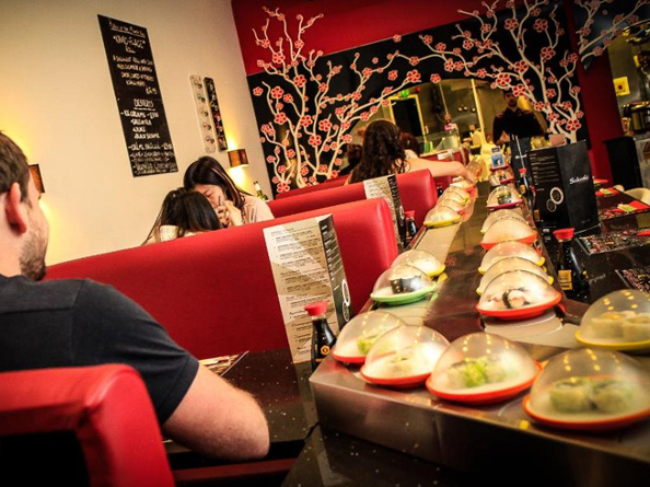 Interior of a restaurant with Japanese decor.