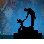 Against a backdrop of dozens of beloved Disney characters. are two silhouetted figures. A tall man stands atop a podium and leans down to shake hands with a rather famous mouse.