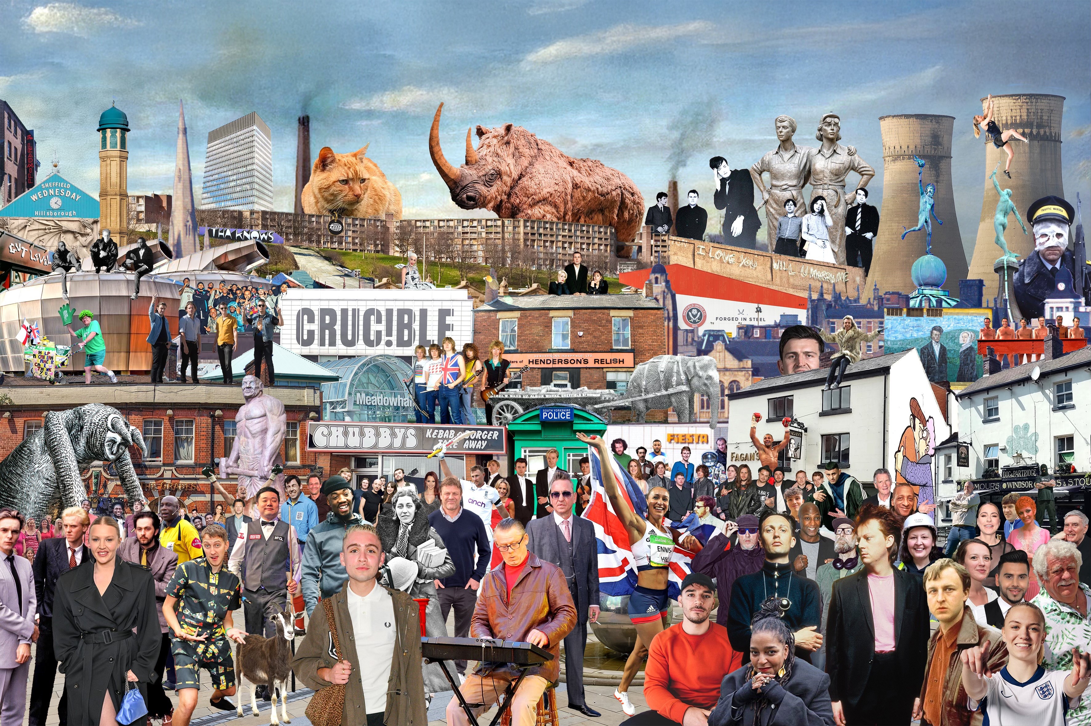 A vibrant collage featuring Sheffield landmarks, cultural icons, and historical references. The image includes buildings, statues, sports figures, musicians, and animals such as a mammoth and a squirrel, alongside industrial elements like cooling towers. Text such as “CRUCIBLE” and “GOODBYE” appears among the mix, creating a busy, colourful scene celebrating the city’s heritage and identity.