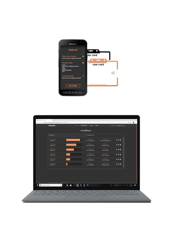 An illustration of Elements Technology Product Portrait with a laptop and a mobile phone.