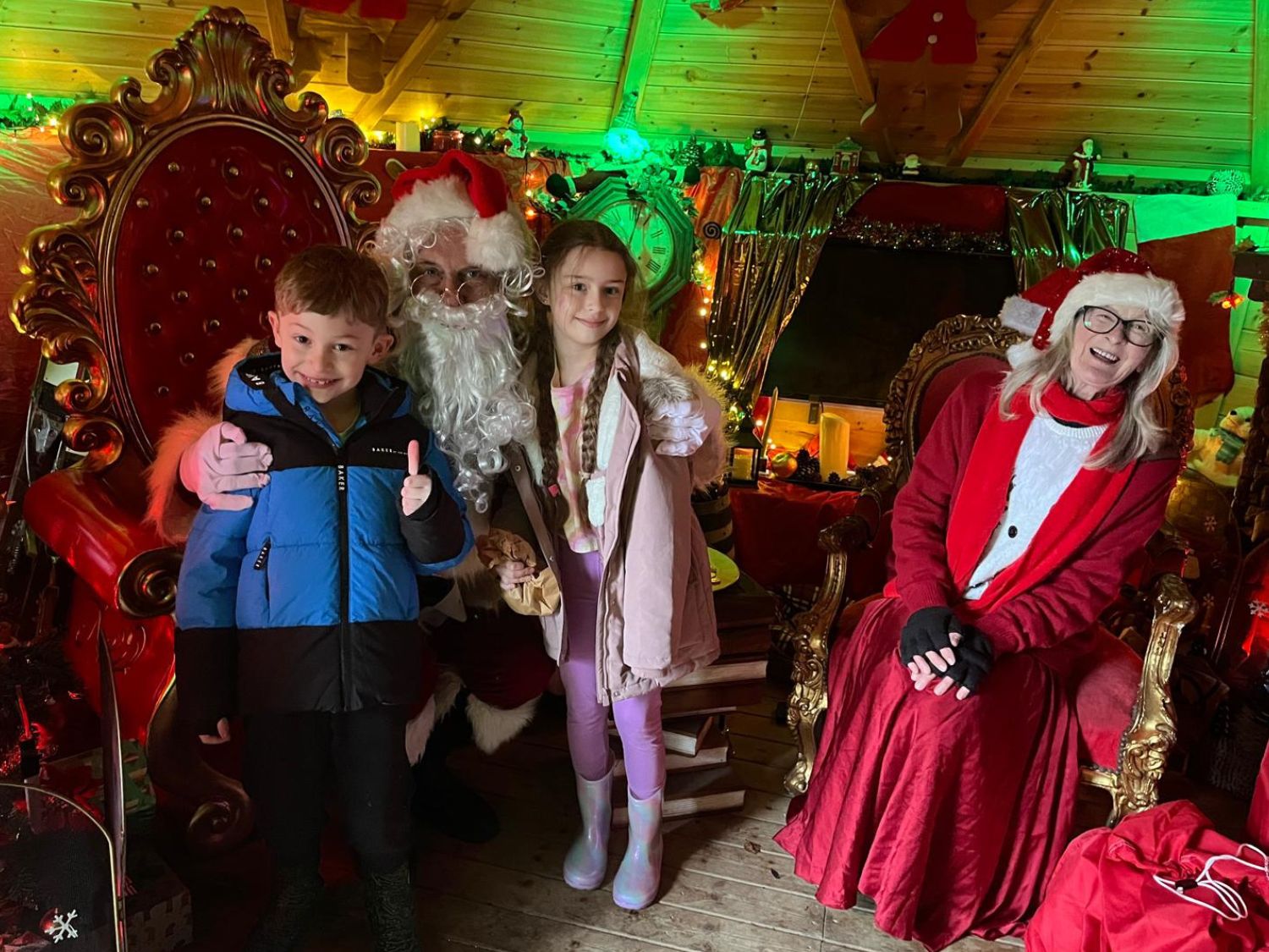 Two children meeting Santa in his grotto.