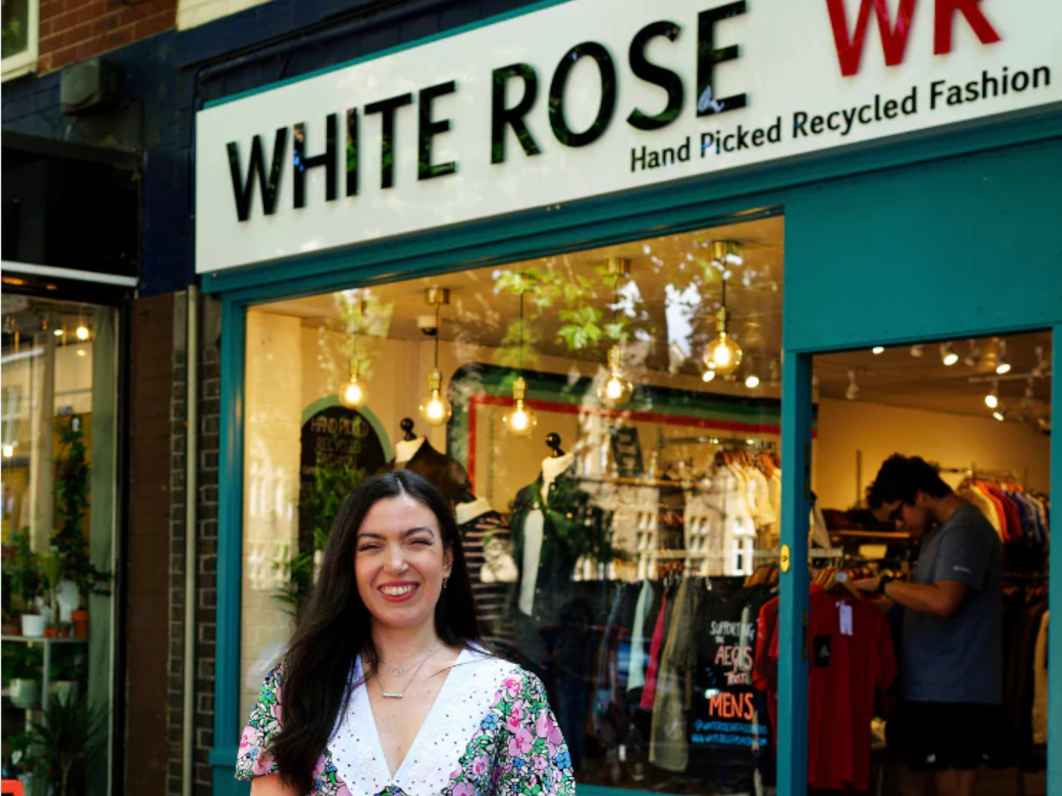 The exterior of the White Rose Recycled Fashion - Menswear shop.