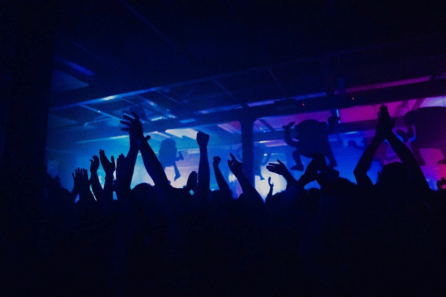 A crowd dances, arms held high, at a night club. The lighting is all blues and purples.