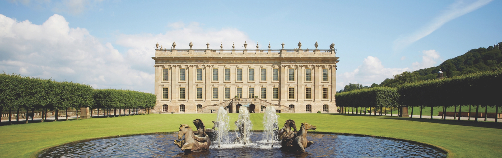 Chatsworth House and ornamental fountain.