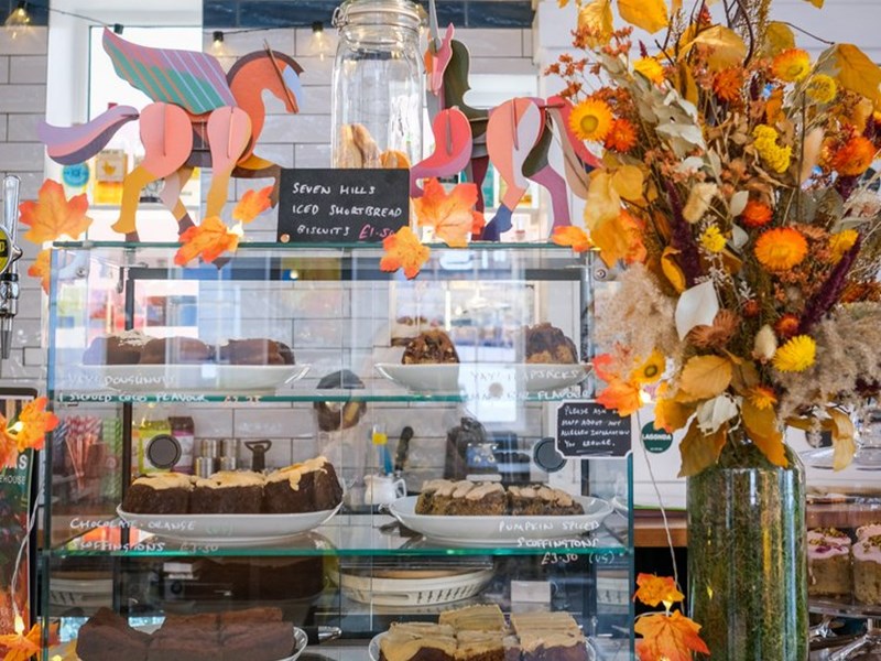 A glass display case sits on a counter, at The Treehouse Cafe, filled with cakes and pastries.