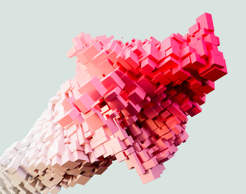 A piece of digital art of a 3D arrow that is made up of small coloured blocks.