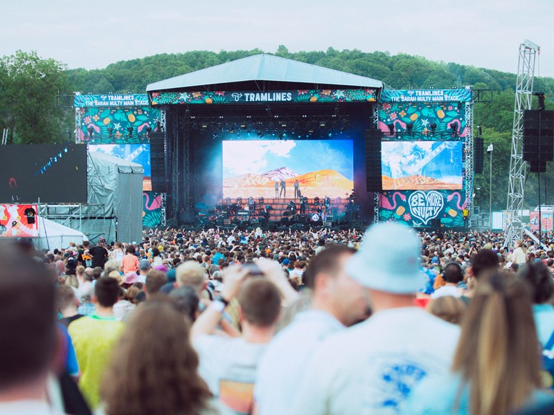 Legendary Sheffield band Pulp performing live on the Tramlines main stage in front of a packed crowd