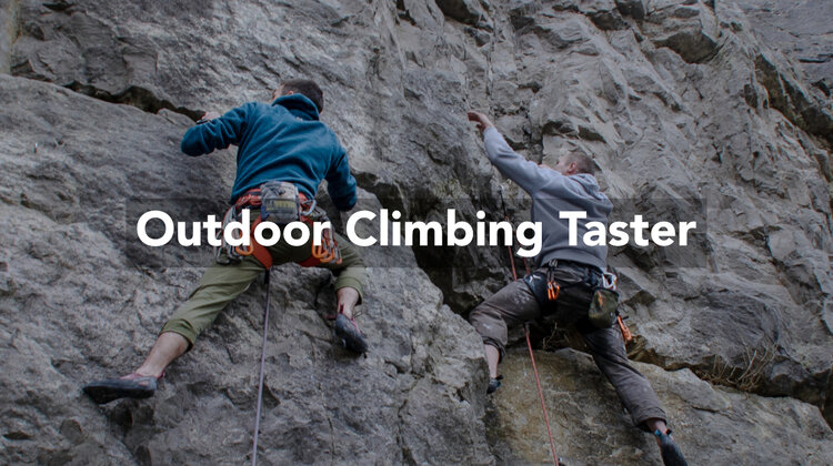 A man climbing a rock face. Over the image are the words 'Outdoor Climbing Taster'.