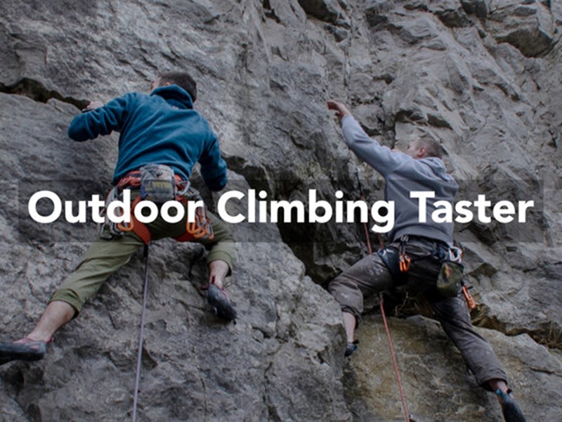 A man climbing a rock face. Over the image are the words 'Outdoor Climbing Taster'.