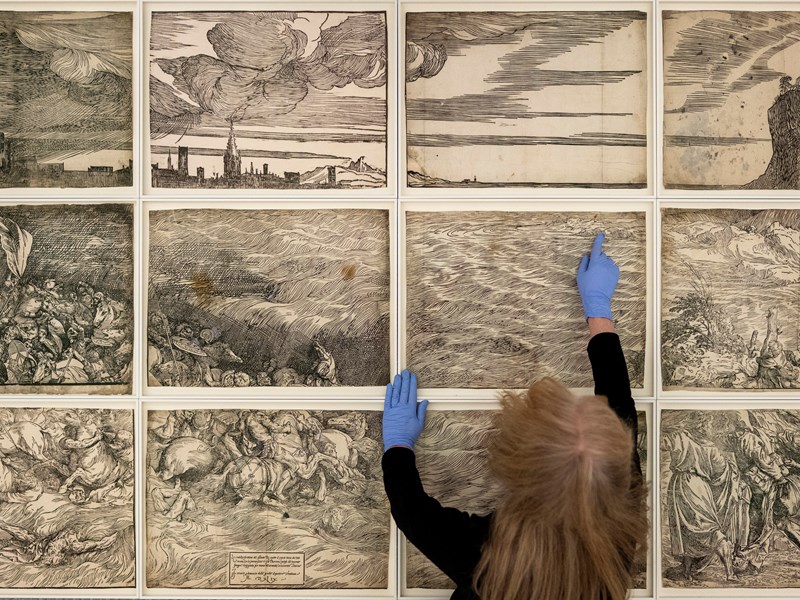 Penny McCarthy with Titian's The Submersion of Pharaoh’s Army in the Red Sea (c. 1549), How to Look Through Time © the artist. Photo: Hugo Glendinning