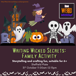 Poster for the event with a Halloween themed illustration featuring witches, ghosts, skeletons, pumpkins, graves stones and a haunted house.