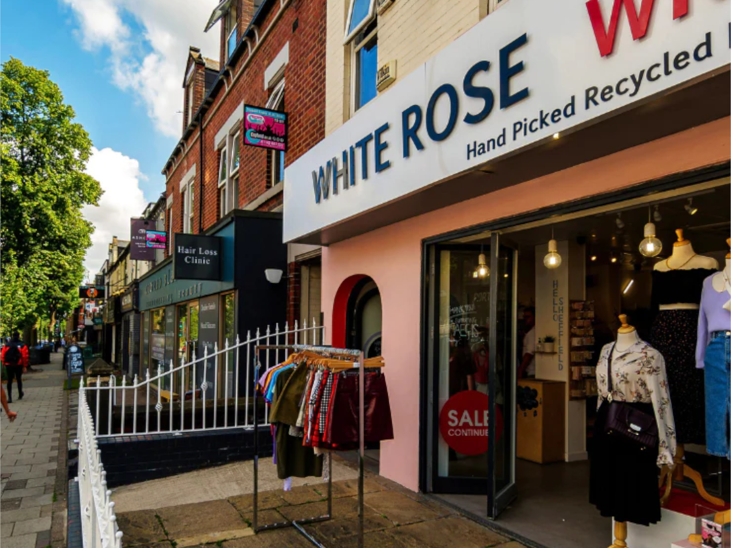 The exterior of the White Rose Recycled Fashion - Ladies shop.