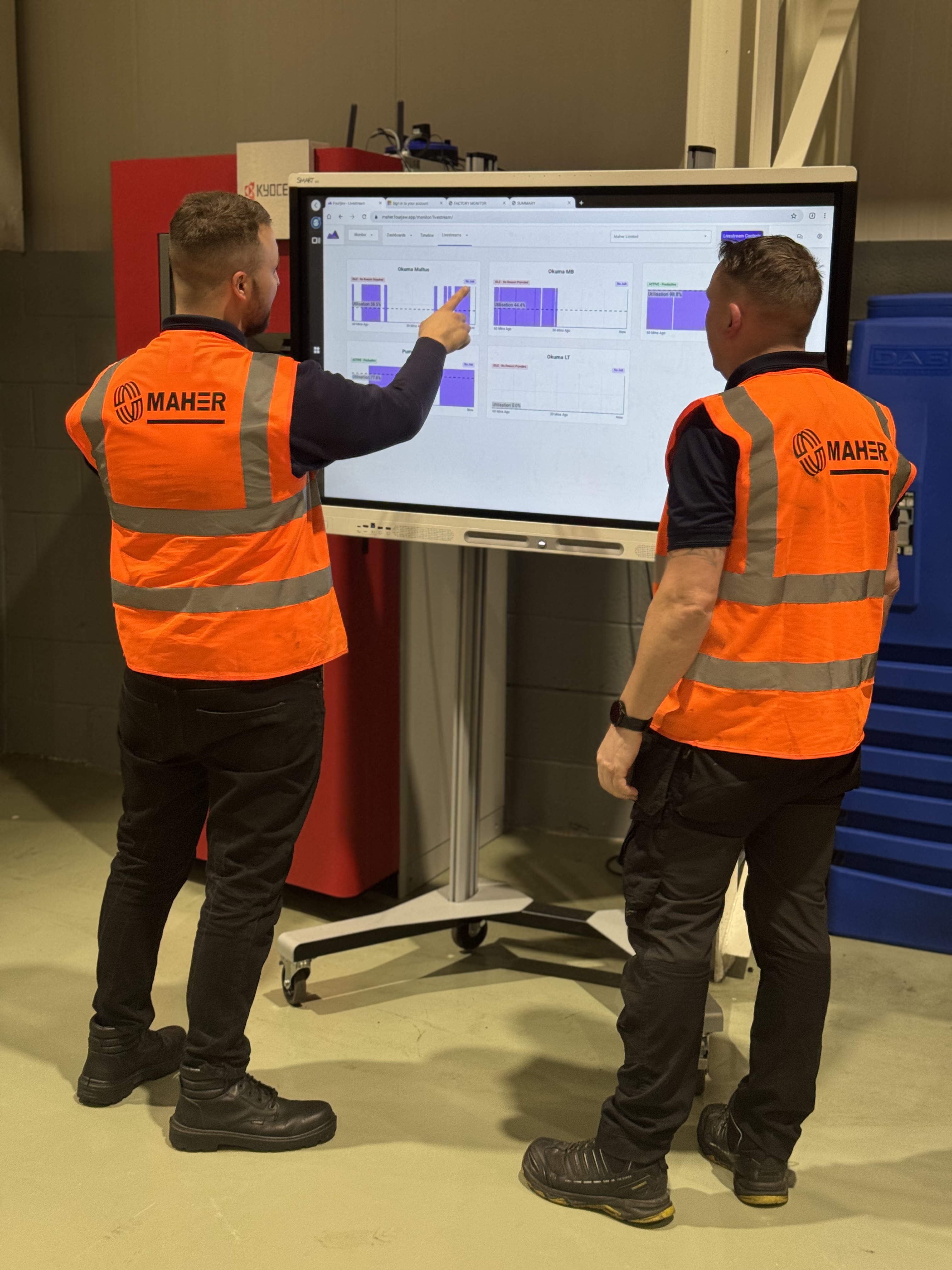 Two people wearing bright orange safety vests with the Maher logo stand in front of a large interactive screen in an industrial setting. One person is pointing at charts displayed on the screen, while the other observes. The background includes a red cabinet and blue storage units.
