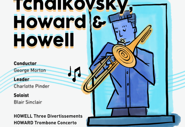 Poster for the event, listing the details, along side an illustration of a person playing a trombone.