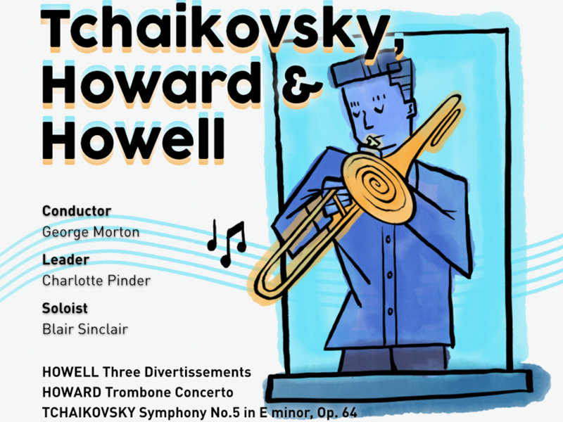 Poster for the event, listing the details, along side an illustration of a person playing a trombone.