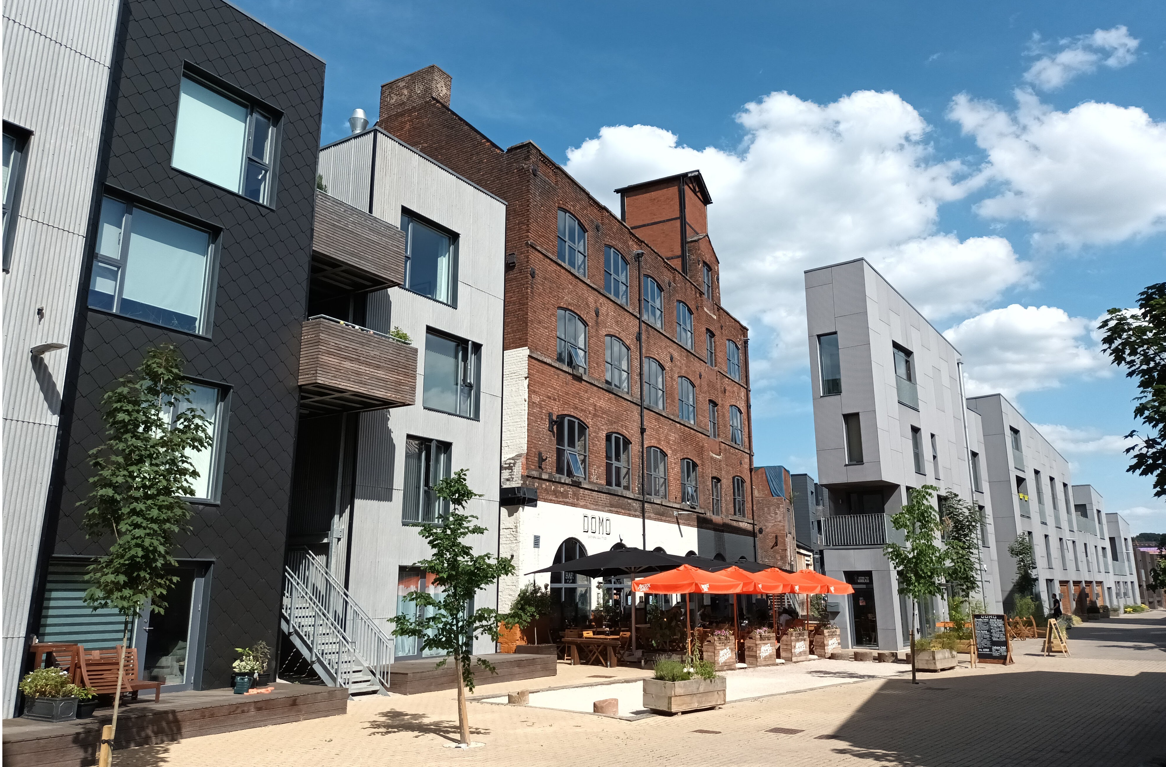 A row of buildings in Little Kelham, on a sunny day.