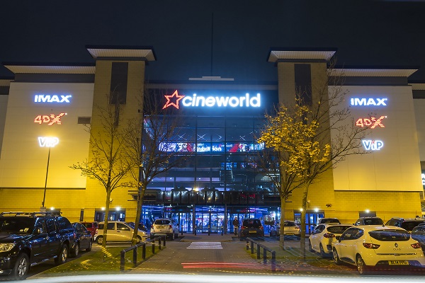 The exterior of Cineworld Sheffield at night.