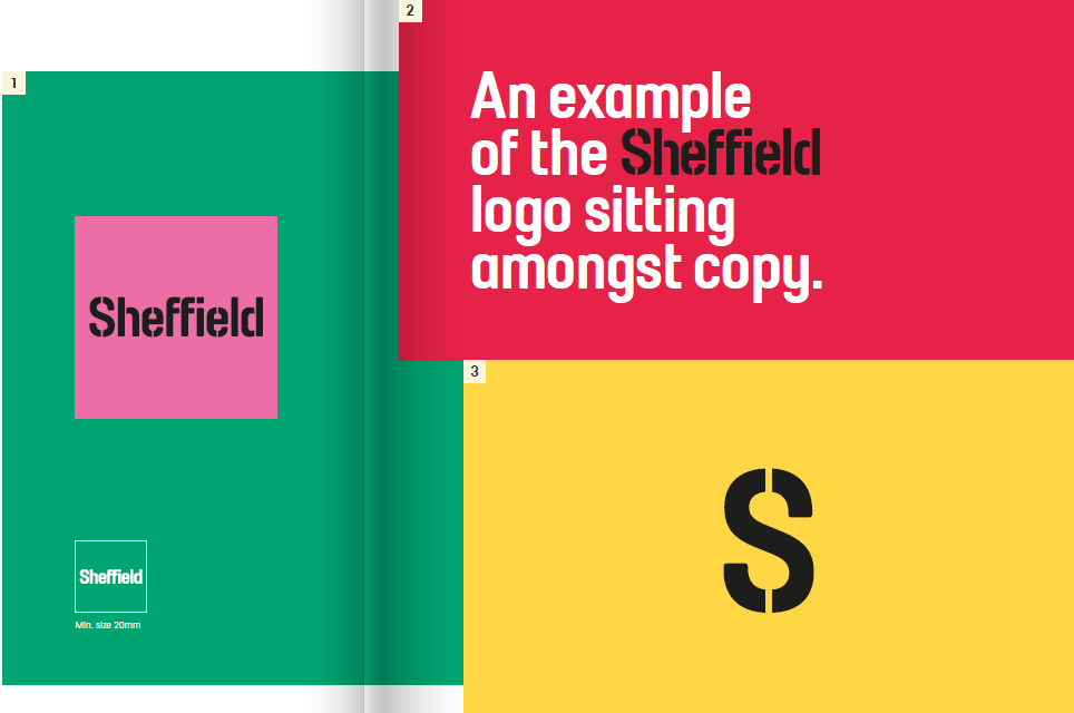 Design guidelines showing examples of the Sheffield logo in different contexts: a pink logo on a green background, text demonstrating logo placement on a red background, and a bold black ‘S’ on a yellow background.