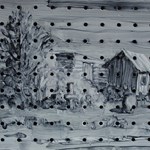 A painting of an old shack in a wooded area by Graham Crowley .