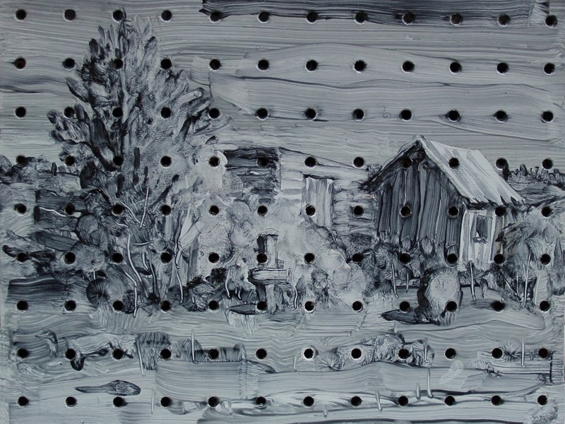 A painting of an old shack in a wooded area by Graham Crowley .