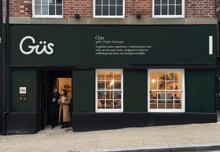 Artist's impression of the exterior of the new Gus wellness venue showing tasteful scandi- style branding on it's exterior