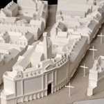 An architects model of city buildings.