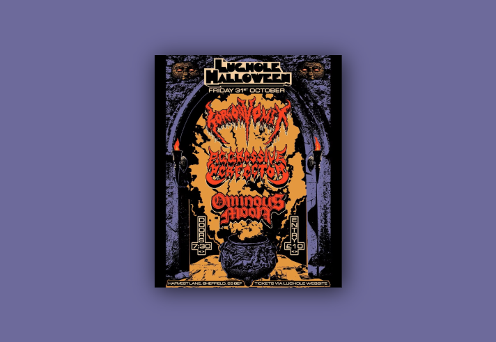 A Halloween-themed concert poster for "Lughole Halloween" on Friday, 31st October. It features horror-styled band names: "Horrified," "Aggressive Perfector," and "Ominous Mood." The design includes gothic visuals like an archway, flaming torches, and a cauldron. Event details note a 7:30 PM door time, £10 entry, and the venue at Harvest Lane, Sheffield, S3 8EF, with tickets available on the Lughole website.