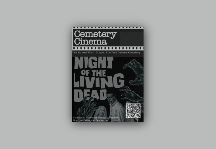 Poster for the event, with the details listed, and an image of two people surrounded by undead hands reaching for them.