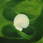 A swirly abstract painting in greens and creams by Amanda Ansell titled 'Nexus Dance'.