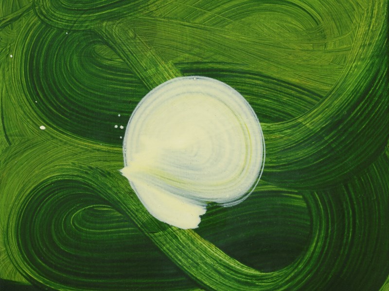 A swirly abstract painting in greens and creams by Amanda Ansell titled 'Nexus Dance'.